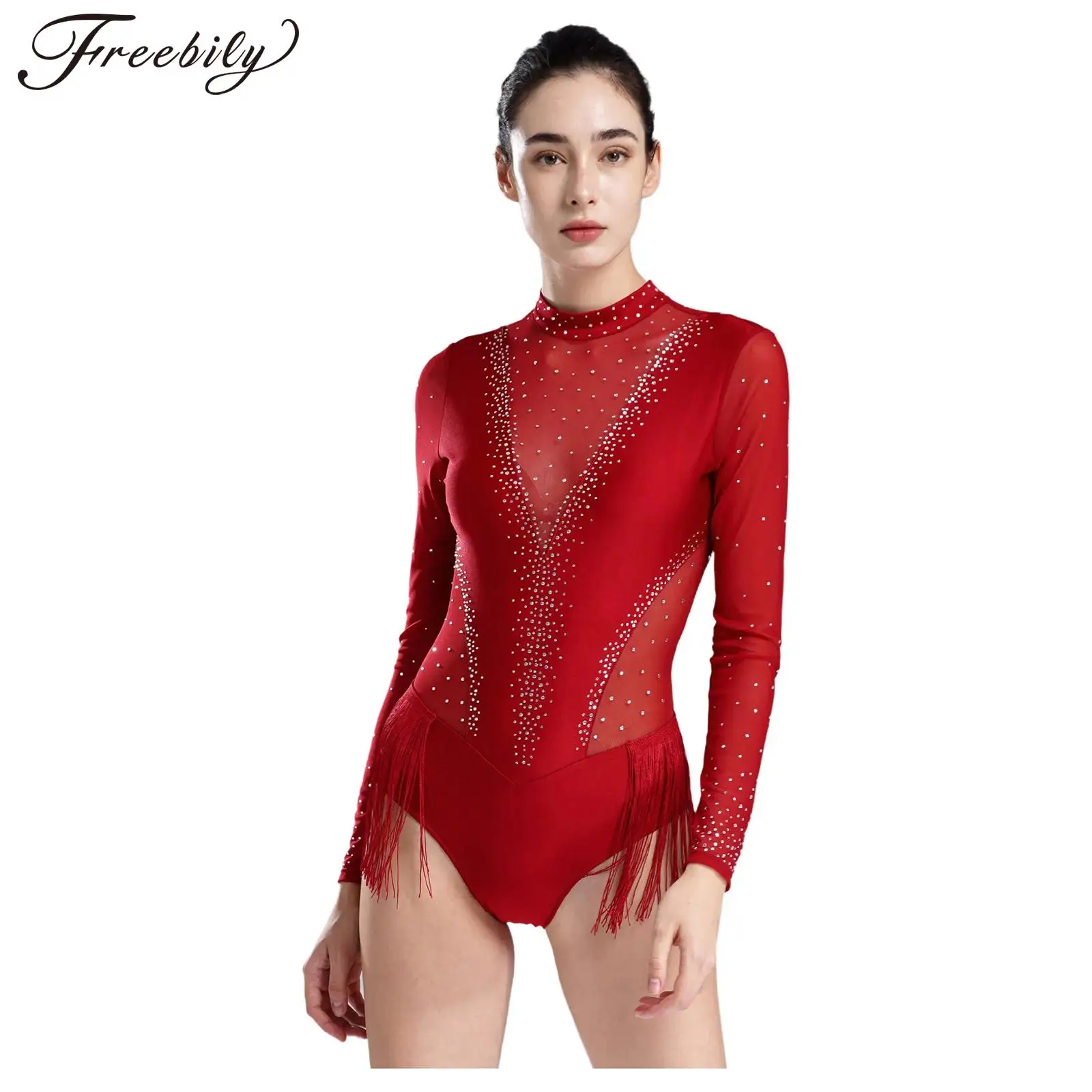 

Womens Ballet Gymnastics Jumpsuit Femme Rhinestones Sheer Mesh Long Sleeve Tassel Skating Bodysuit Fringed Latin Dance Leotard