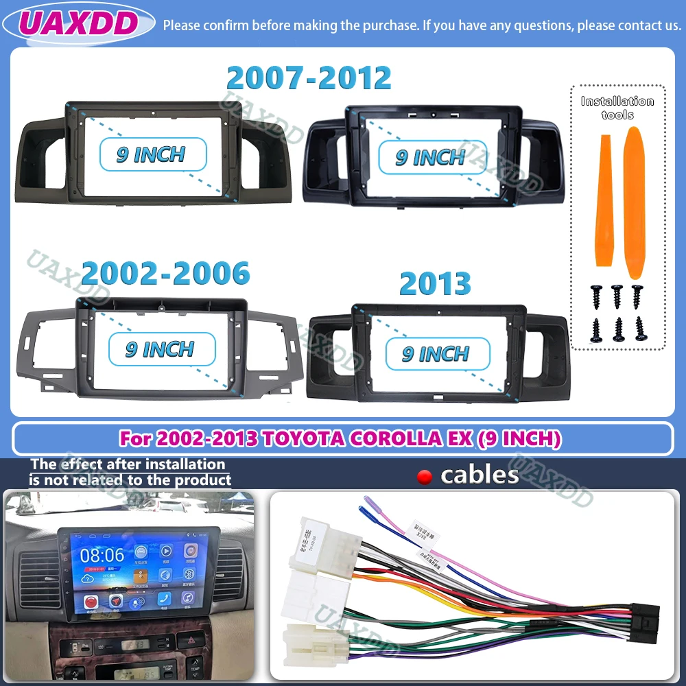 Para 2002-2013 Toyota corolla 9 pulgadas dvd android marco estéreo panel fascia tablero reproductor de audio cables de pantalla arnés de navegación