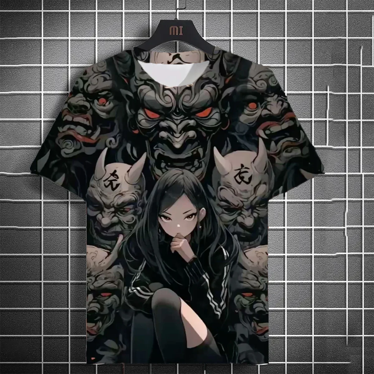 Trendy Men Japanese Oni Mask Anime Girl 3D All Over Print T-Shirt Full Graphic Crew Neck Short Sleeve Cosplay Casual Tee
