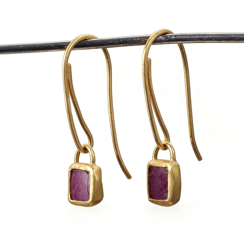 Ethnic Square Purple Stone Hook Earrings Vintage Jewelry Gold Color Metal Geometry Long Dangle Earrings for Women