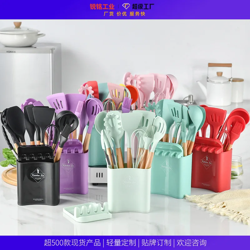 

Customized Packaging Wooden Handle Silicone Kitchenwar Non Stick Pot Cooking Spoon Shovel Kitchenware Rack Twelve