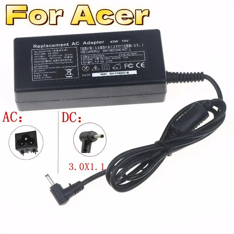 1Pcs Laptop Power Adapter Charger 19V 2.37A 45W 3.0*1.1mm AC For Acer A13-045N2A S7 S7-392/391 V3-371/372 V3-371-52PY/30FA