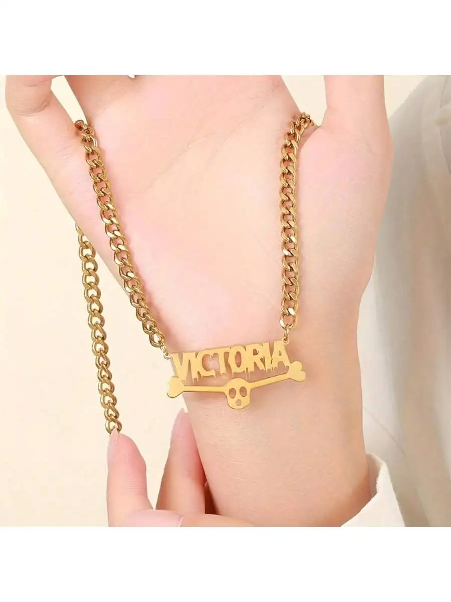 A Bohemian hip-hop style customizable skull pendant necklace, 304 stainless steel, personalized name jewelry, suitable for women