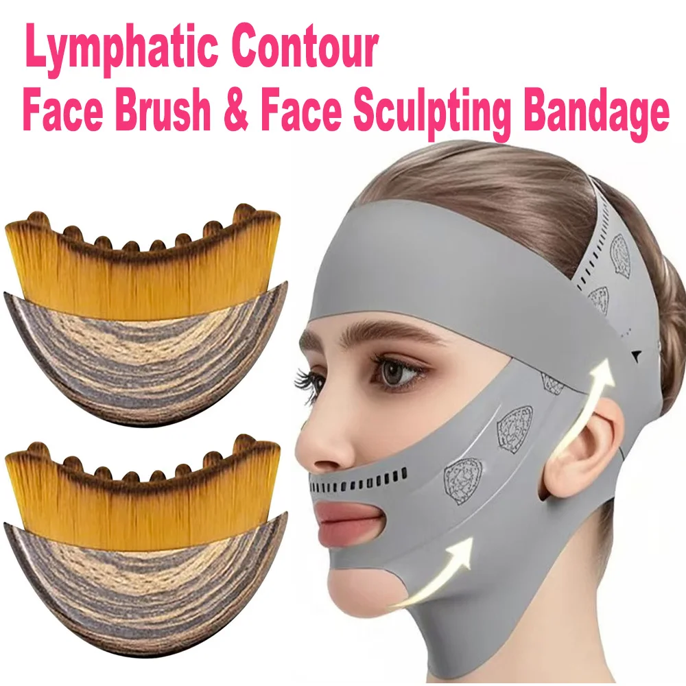 2 Piezas: Vendaje Linfático para Esculpir el Rostro y Cepillo de Masaje, Mascarilla Lifting Línea V, Reductor de Papada, Moldeador de Mandíbula y Correa Adelgazante Facial