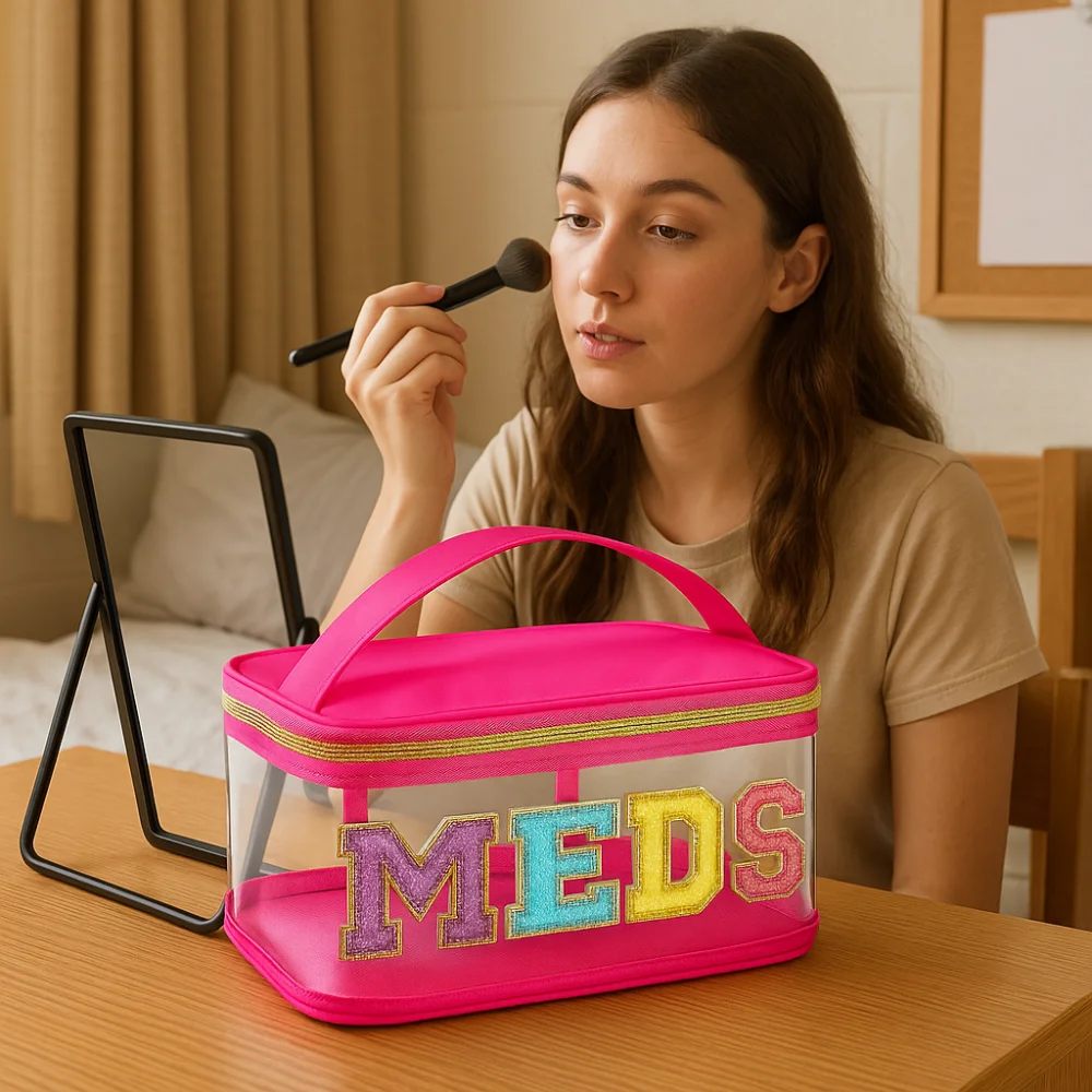 

Waterproof Embroidery Cosmetic Bag PVC Letter Patches Transparent Wash Bags with Handle Portable Toiletry Storage Pouch Outdoor