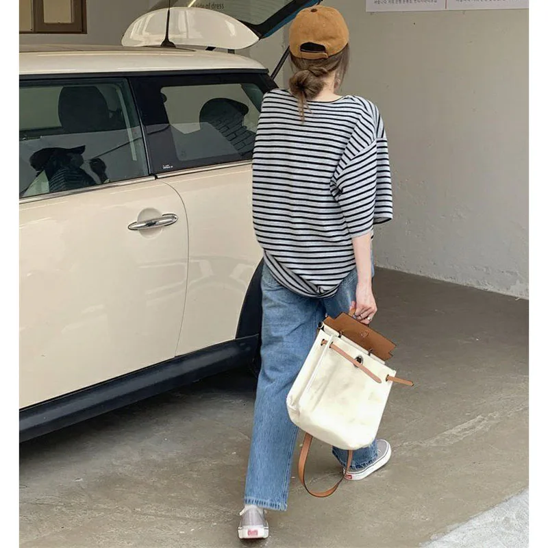 Fashion O-Neck Loose Short Sleeve Striped T-Shirts Women's Clothing 2024 Summer New Oversized Casual Tops Korean Tee Shirt