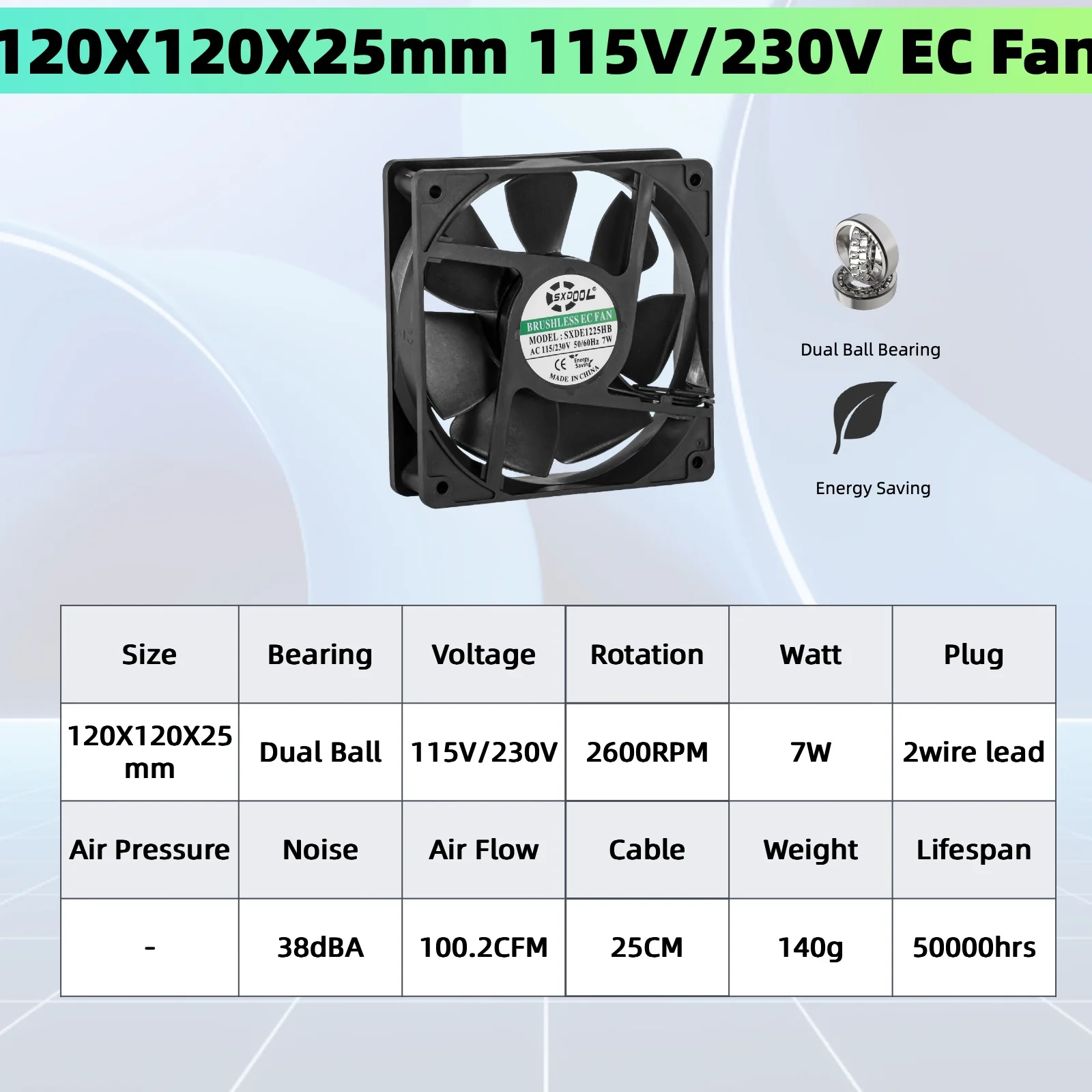 SXDOOL EC 115V 230V Cooling Fan Series - 60mm, 70mm, 80mm, 90mm, 120mm, 172mm Energy Efficient Brushless Fan Dual Ball Bearings