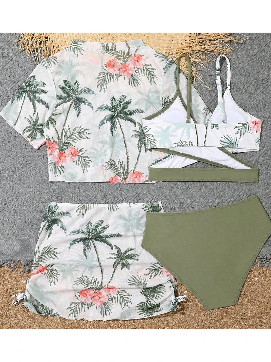 2026 Print Cross 4 Pieces Bikini Girls Swimsuit Kids Swimwear Female Children\'s Bathers Bathing Swimming Swim Suit Beachwear