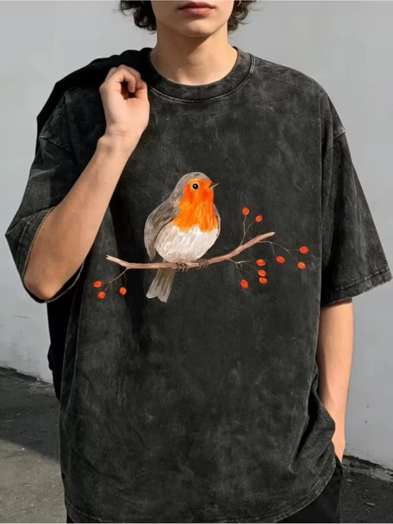 Robin Bird Branch T Shirt Unisex Men Women Cotton Graphic Printed Short Sleeve Round Neck Cottagecore Tee Summer 2026 Hot Sale