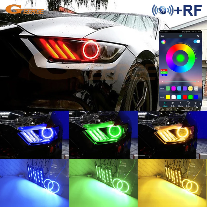 For Ford Mustang 2015 2016 2017 BT App RF W/ Wireless Multi-Color Ultra Bright RGB LED Angel Eyes Kit Halo Rings DRL Boards