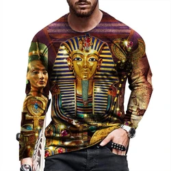 Egyptian Style Anubis Printed T-shirt Men Personality Printed Long Sleeve T-shirt Egypt Pharaoh Pattern Men's Fashion Clothing