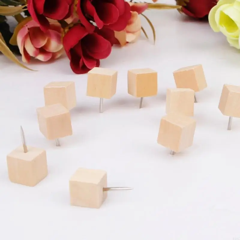 W89C 30 Pcs Wooden Thumbtack Quadrate for Creative Decorative Drawing Push Pins
