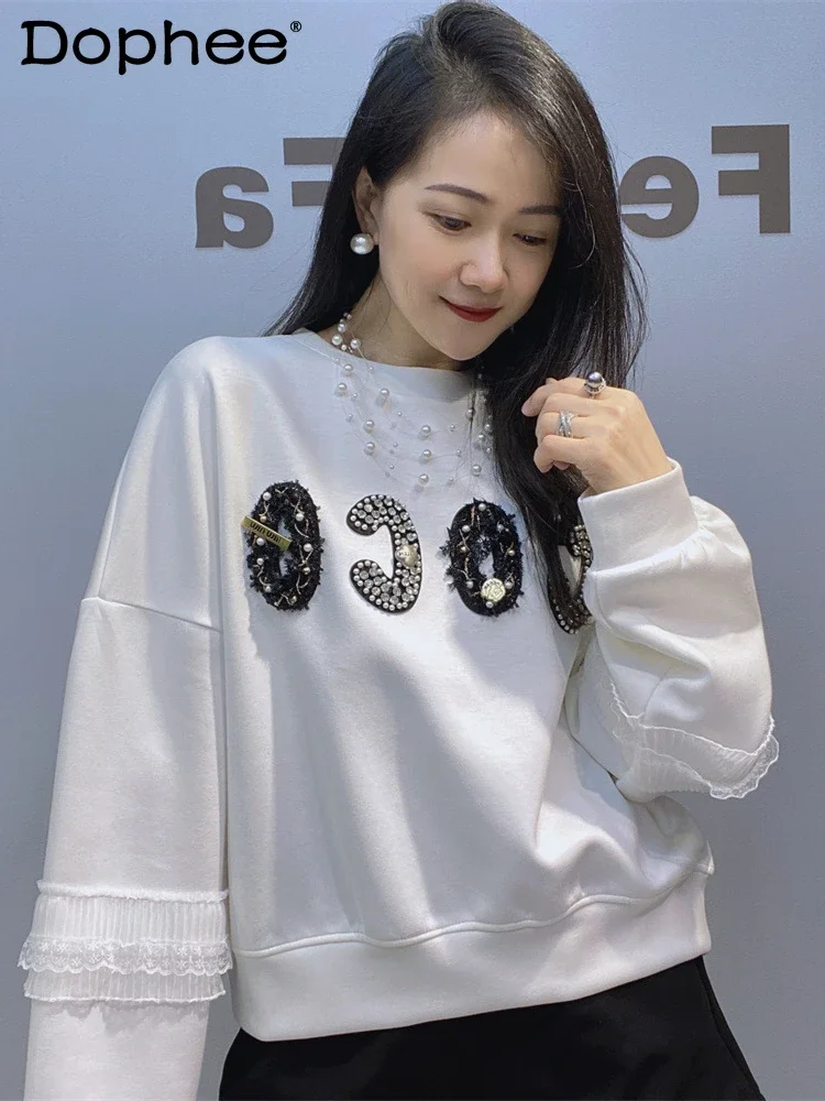 Heavy Industry Beaded Korean Style Loose Top Female Autumn and Winter 2024 New Drop Sleeve Short Space Cotton Sweatshirt Women