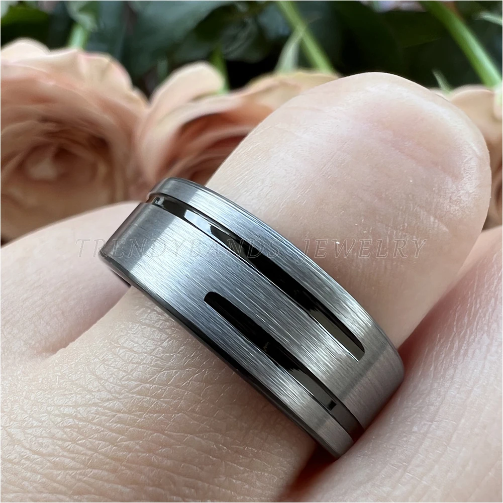 8 mm Wolframkarbid-Modeschmuck, Verlobungsring, Ehering, flach gerillt, gebürstete Oberfläche, bequeme Passform – Detail 15