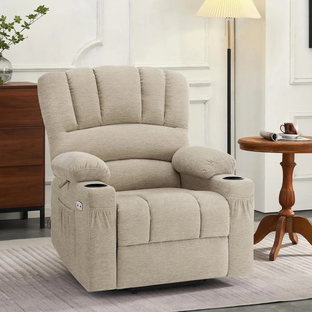 Power Lift Recliner Chair Sofa with Massage and Heat for Elderly People,Side Pockets, Fabric 7095 (Medium-Regular, Beige)