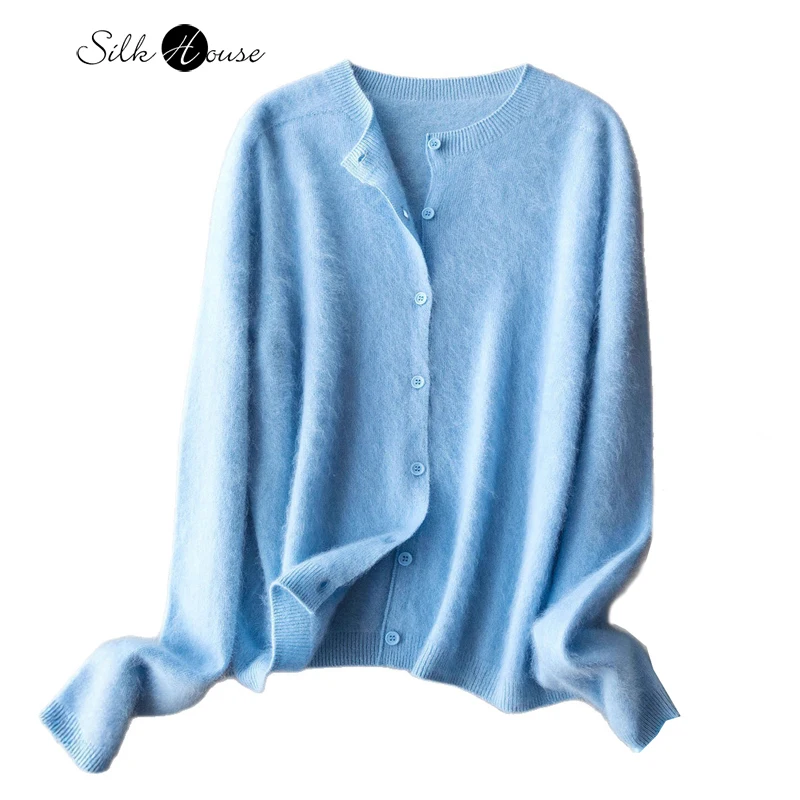 

230g Thick Brushed Wool Sweater Seamless Round Neck Knitted Sweater Jacket Women's Bamboo Green Round Neck Cardigan