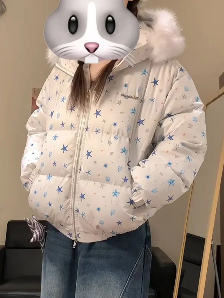 

Women Winter Stars Sweet Parkas Fashion Hooded Warm Cute Puffy Coat Japan Long Sleeve Loose Female Preppy Style Chic Jacket New