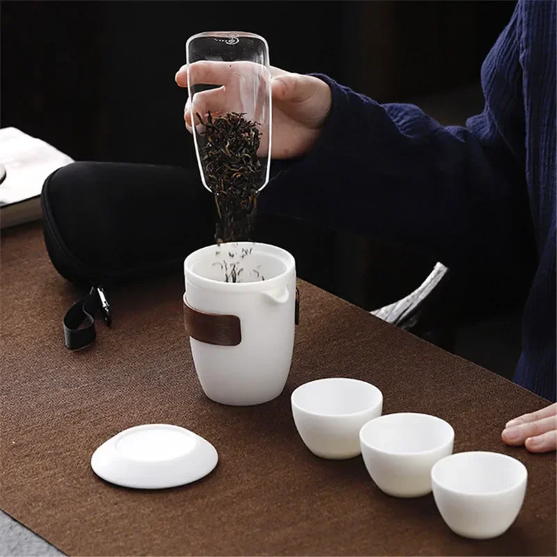 

New Lanolin Jade Porcelain Boutique White Porcelain Tea Set Travel One Pot Three Cup Portable Bag Travel Beverage Gift