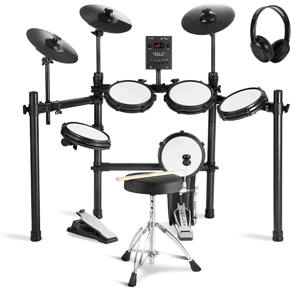 Electric Drum Set with Independent Kick Drum,Quiet Mesh Drum Pads Dual Zone Snare Drum For Beginner, 3 Cymbals with Choke