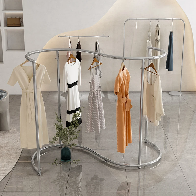 !@S-Shape Design Stainless Steel Arc Middle Island Rack Floor-Type Shelf Display Props for Clothing Store Clothes Showcase