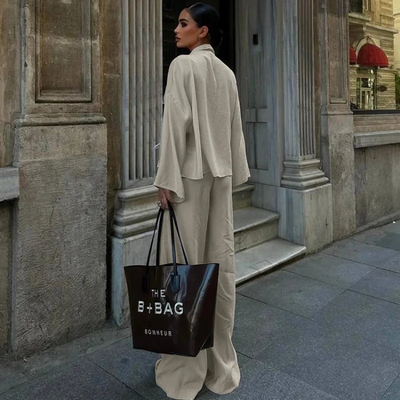 Nowy Jesienny Jednolity Kolorowy Dwuczęściowy Zestaw Casualowy Modny Ekskluzywny Europejsko-Amerykański Styl Z Sznurowaną Koszulą i Spodniami Damskimi