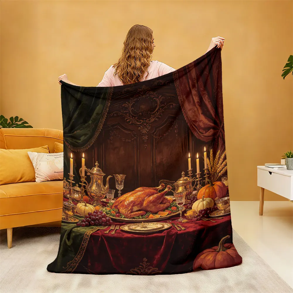 1pc Retro Thanksgiving Turkey Dinner Scene 230g Flannel Blanket, Soft Cozy Throw Blanket For Sofa Lounge And Daily Nap