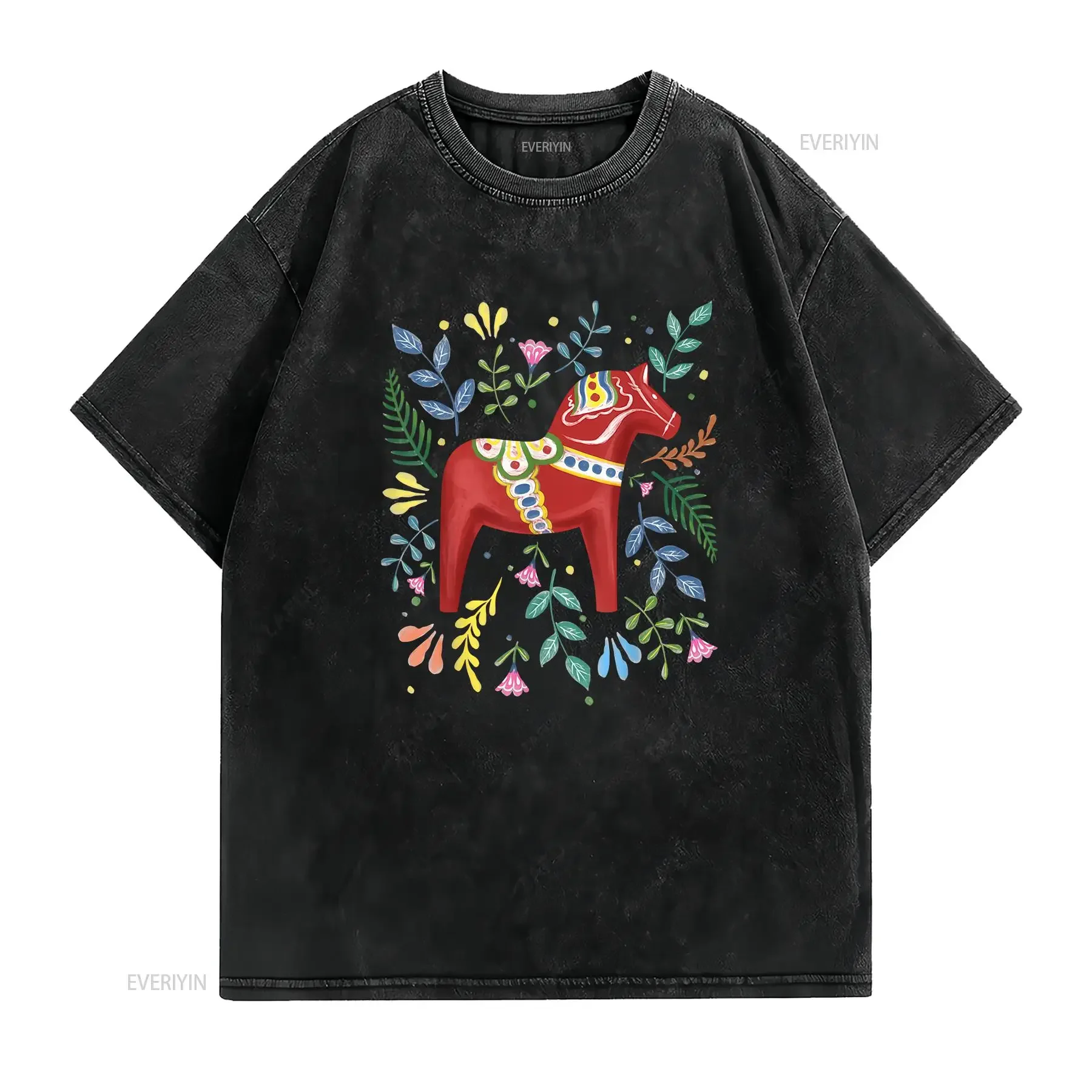 Swedish Dala Horse Folk Art Sweden Flag Dalahelmsoljd T Shirt SweaT vintage Washed homme Comfortable Top For Everyday Wear
