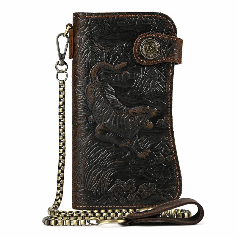 Retro Crazy Horse Leather Handmade Male Long Designer Casual Chain Wallet Fashion Male Multi-layer Day Clutch Bag Purse Wallets