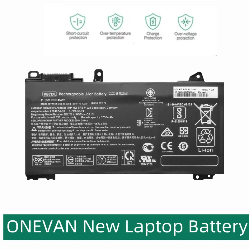 

ONEVAN New RE03XL Battery For HP ProBook 430 440 445 450 455 G6 Series HSTNN-DB9N HSTNN-UB7R L32407-2B1 L32407-2C1 11.55V 45WH