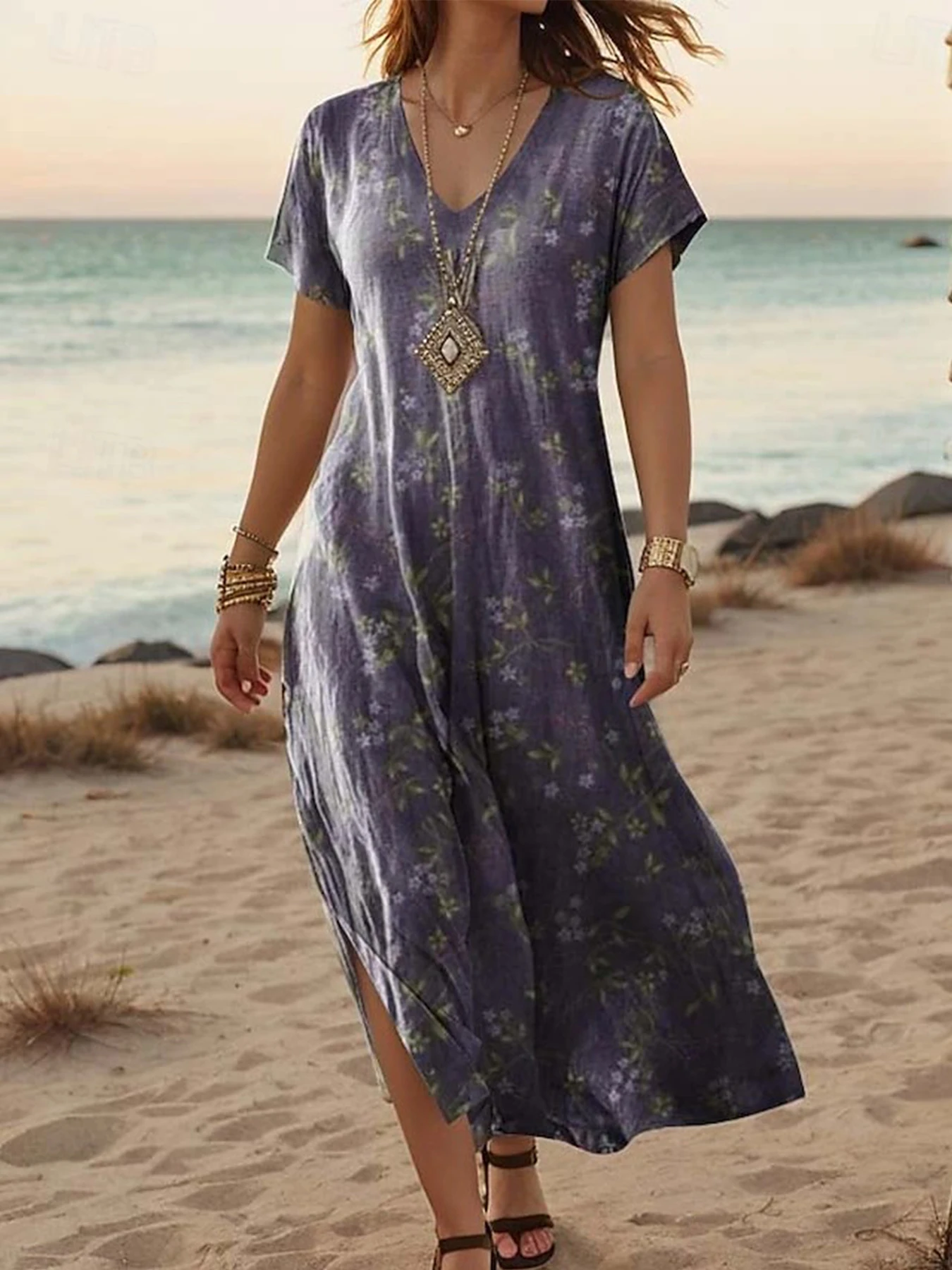 فستان ماكسي نسائي أنيق صيفي كاجوال بأكمام قصيرة فستان صيفي على شكل حرف A ورقبة على شكل V مطبوع للشاطئ فستان تي شيرت موضة 2025