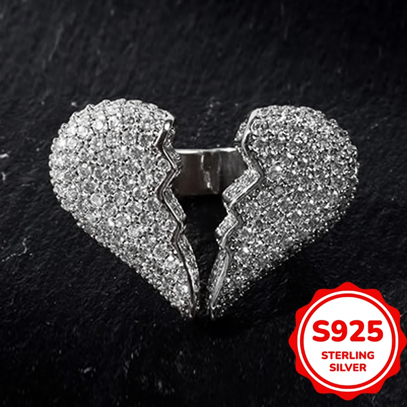 NEW Genuine 925 Sterling Silver Iced Out Broken Heart Couple Ring Full‑Pave CZ Zircon Split Heart Hip‑Hop Lover Jewelry