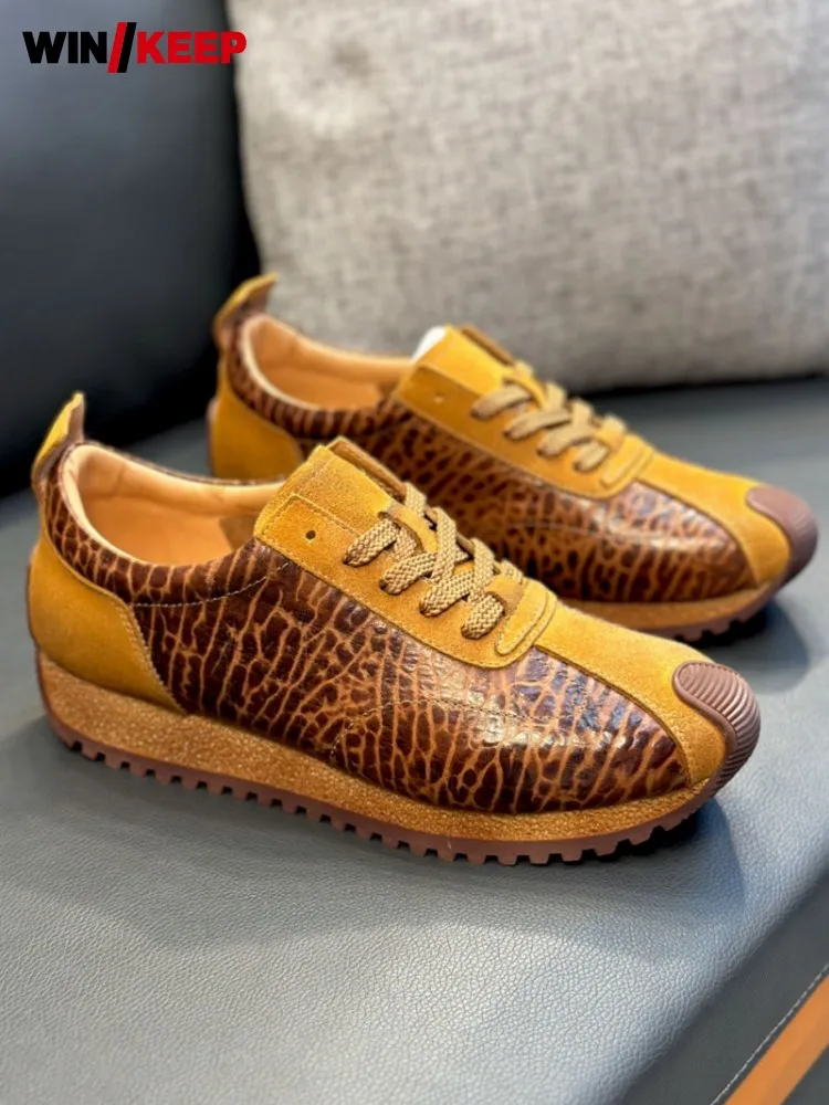

Vintage Mens Spliced Genuine Leather Outdoor Running Shoes New Lace Up Low Cut Trainers Shoes Antiskid Platform Sports Sneakers