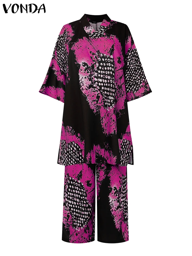 VONDA Vintage Bohemian ชุดกางเกง 2025 ฤดูร้อนผู้หญิงพิมพ์เสื้อยาวและกางเกงขากว้างสบายๆหลวม 2 ชิ้นแฟชั่น 2 ชิ้นชุด