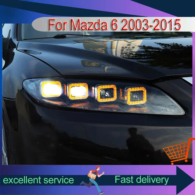 

Car Styling for Mazda 6 Mazda6 2003-2015 Head Lights Projector 4 Lens Rectangle Design Full LED DRL Front Headlight Accessories