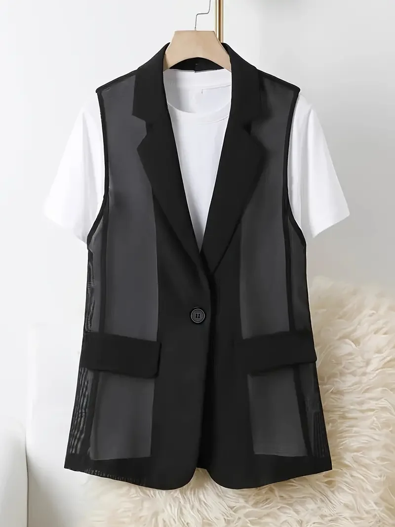 Mesh Suit Waistcoat Summer Thin Elegant Women\'s Slim Black Waistcoat Jacket Fashion Slit Lapel Casual Retro Simple Chic