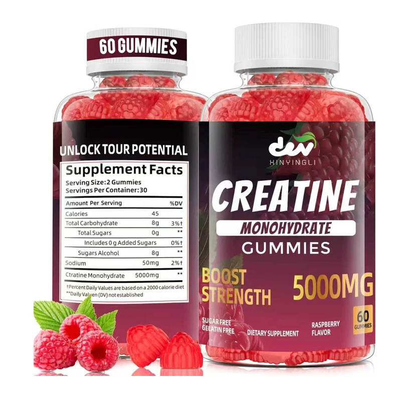 Gominolas monohidratadas de creatina 5000 mg sin azúcar y gelatina, crecimiento muscular, fuerza y apoyo energético.