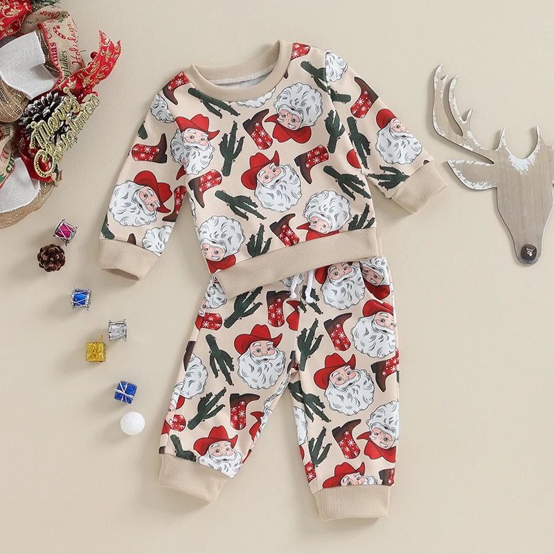 

Toddler Baby Boy Girl Christmas Outfits Long Sleeve Santa Print Sweatshirt and Pants Set 2Pcs Holiday Clothes Outfits