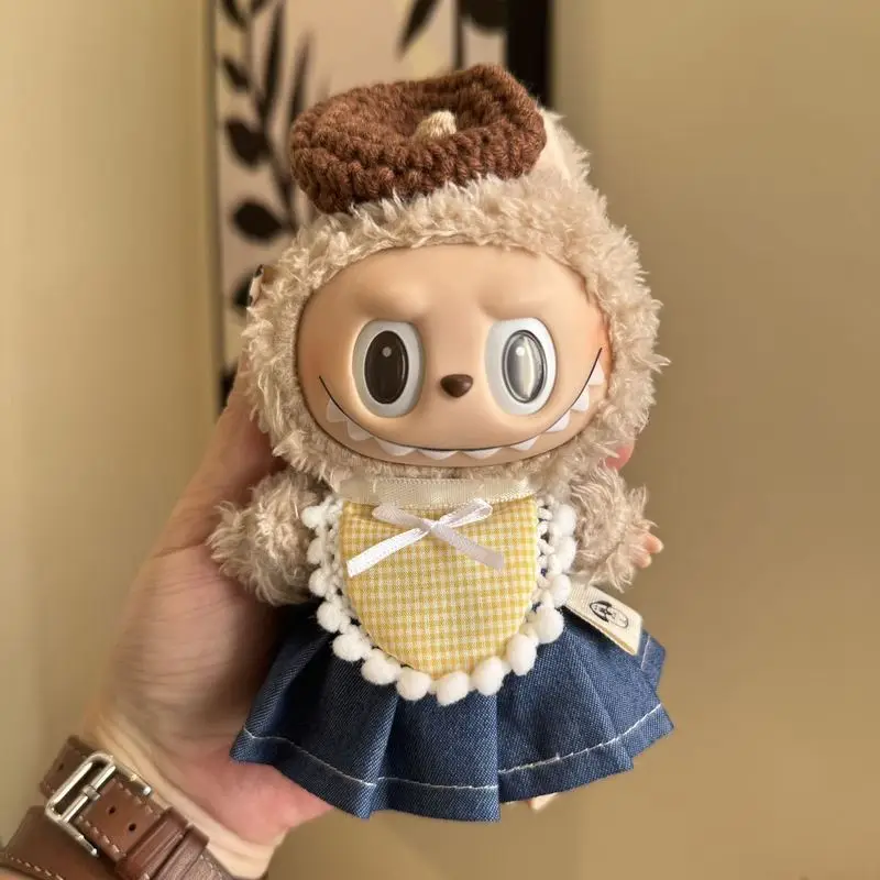 

Для Labubu/мешков, подвески для кукол первого и второго поколения, одежда для кукол, коричневые шапки, клетчатые фартуки, джинсовые юбки без кукол