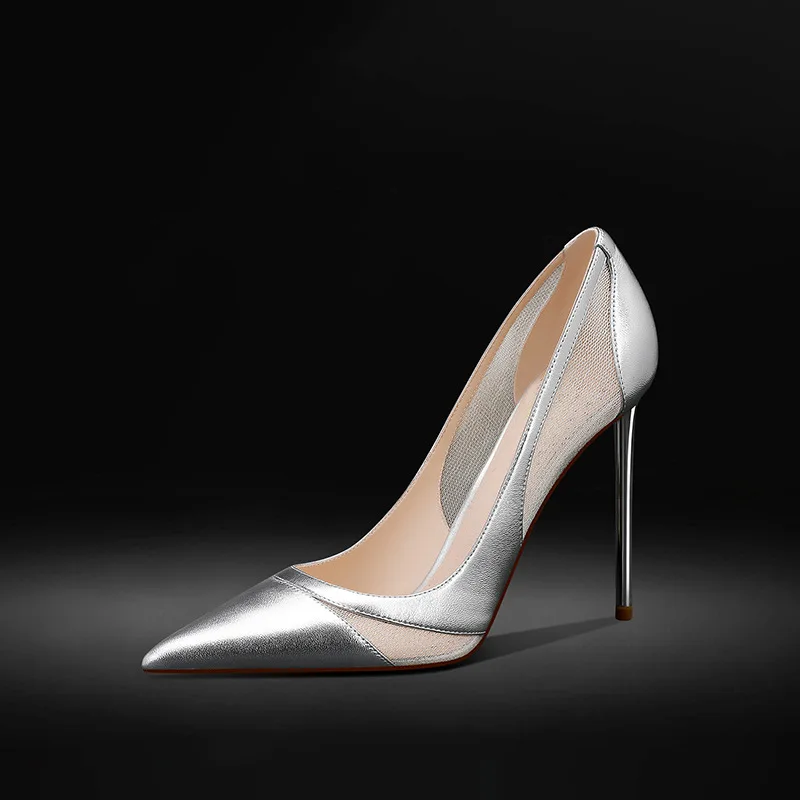 

Spring New Splicing Mesh High Heels Women's Pointed Head Shallow Mouth Stiletto Shoes