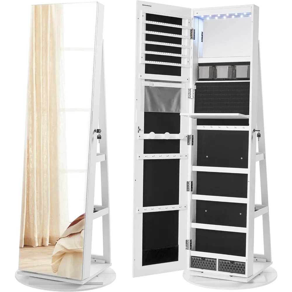 

6 LEDs Lockable Mirror Jewelry Cabinet, 360° Swivel Jewelry Organizer, Standing Jewelry Armoire, Frameless Full-Length