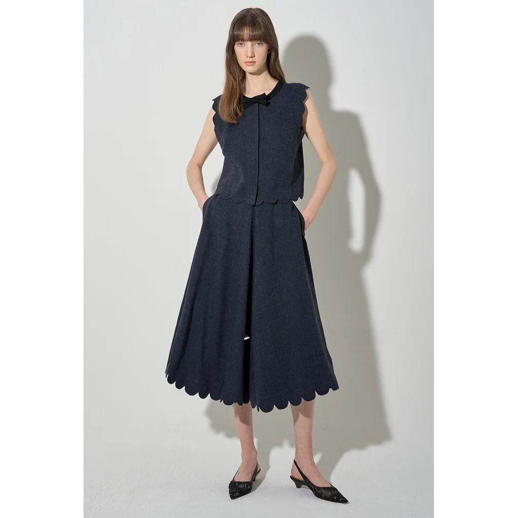 

Commute Sle round Ne Knot Color Blo Top Skirt Two-Piece Set Korean Version Summer Season No-Sve Button Design