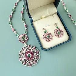 Designer Collection Fashion Long Necklace Earrings Women Lady Inlay Colored Cubic Zircon Plated Gold Color Flower Pendant Chain