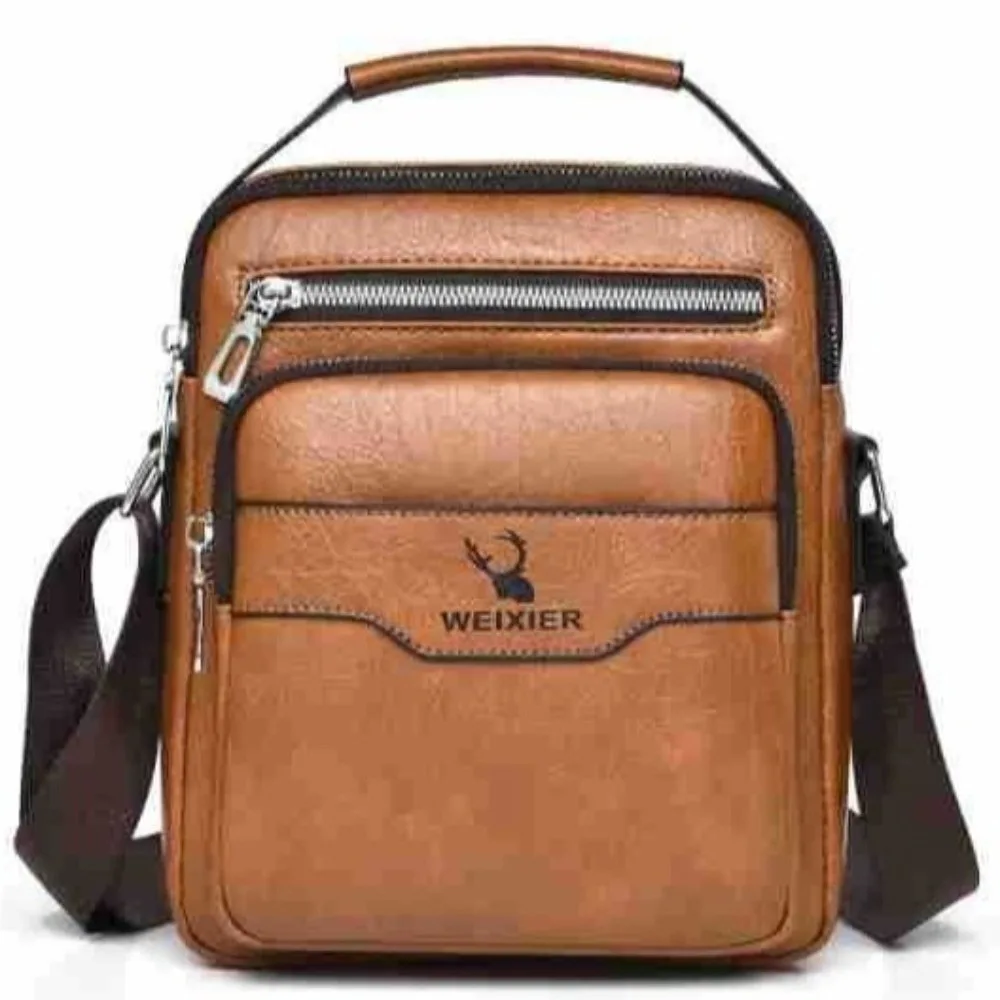 Fashionable Vintage Men Crossbody Bag PU Leather Multi Zipper Pocket Shoulder Bag Waterproof Top Handle Messenger Bag for Men