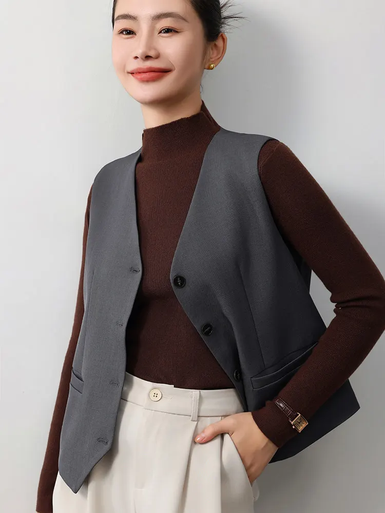 Professional Commuter Women's V-Neck Button-Up  Vest Fashionable Slim Fit Versatile Workwear Short Length  Color