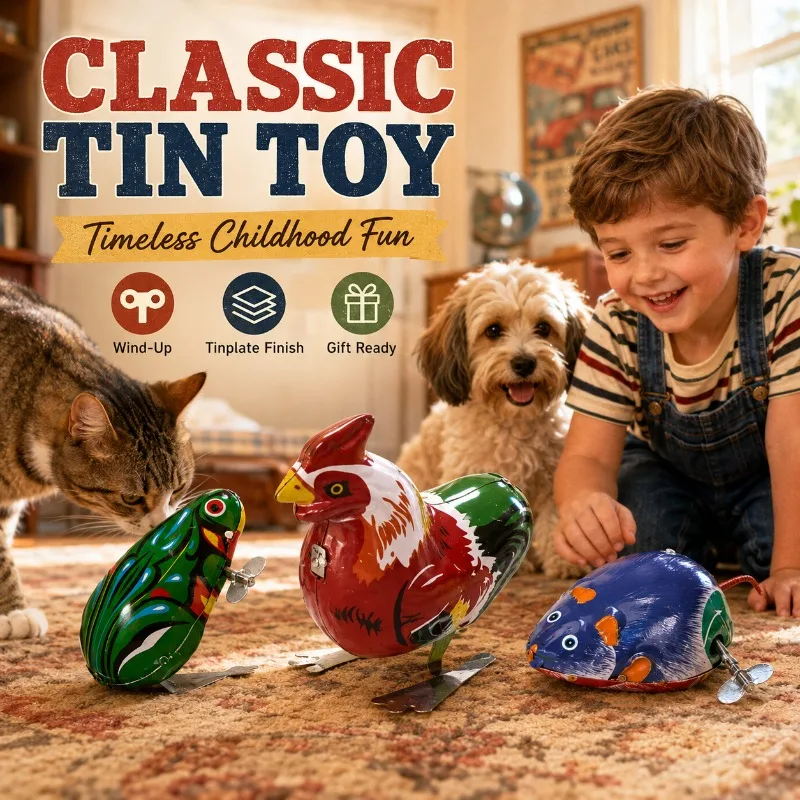 Retro Tin Toy Jumping Frog, Wind Up Interactive Play, Classic Nostalgic Educational Toy & Vintage Gift for Children