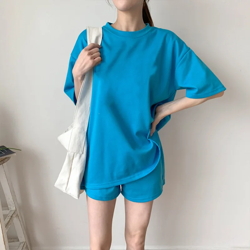 

Women Two Piece Short Sets Half Sleeve Loose Casual Drawstring Shorts Suits Solid Round Neck Shirts Splice Office Lady