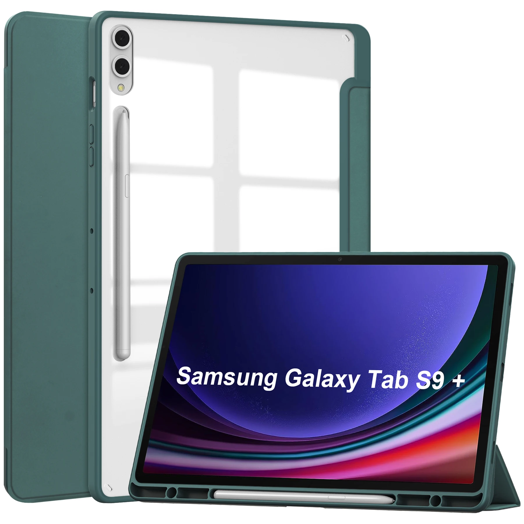 

Чехол для Samsung Tab S9 Plus с держателем для ручек, из искусственной кожи, акриловая прозрачная задняя крышка, складной чехол для Galaxy S9 FE Plus, умный чехол