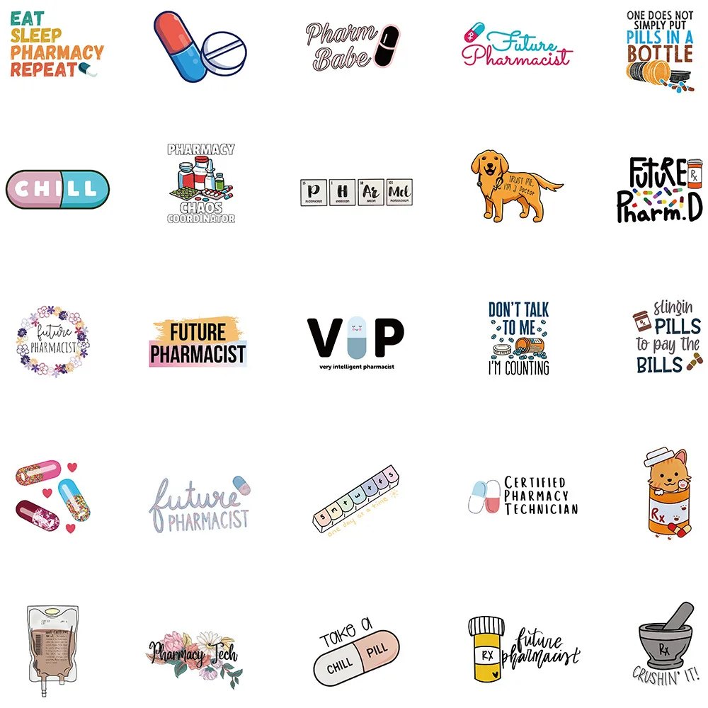 

50PCS Funny Cartoon Pharmacist Pill Graffiti Stickers Tooth Decals Laptop Suitcase Phone Diary Stationery Sticker Toys Gifts