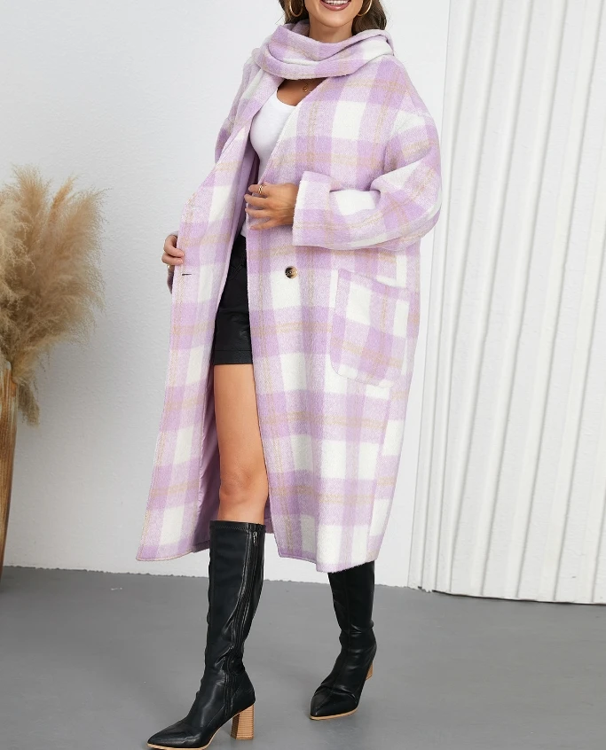 

Medium to long women's plaid woolen coat with elegant temperament, double breasted V-neck scarf jacket, winter new style