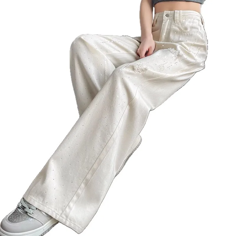 홀 펀칭 버닝 다이아몬드 화이트 스팽글 청바지 여성 하이웨이스트 2025 슈퍼 핫 디자인 하이스트리트 스타일 와이드 레그 드래깅 팬츠